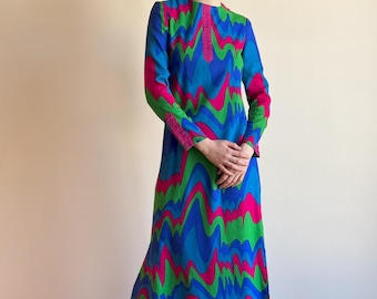 Robe longue en tricot psychédélique années 70 - Robe tendance ondulée color-block - TP/S