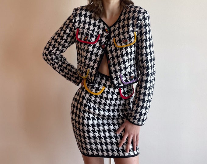 80s Houndstooth Crop Jacket & Mini Skirt Set / Black and White ...