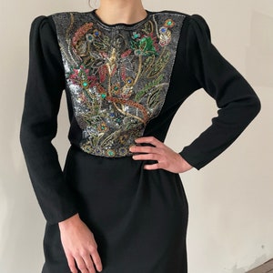 80s Sequin Dress Statement Dress Floral Detail Long Sleeve Wool Dress Holiday NYE Dress