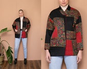 90s Scarf Printed Puffy Jacket Quilted Lightweight Jacket Black Red Patchwork Button Up Spring Jacket Coat Paisley Baroque Print Windbreaker