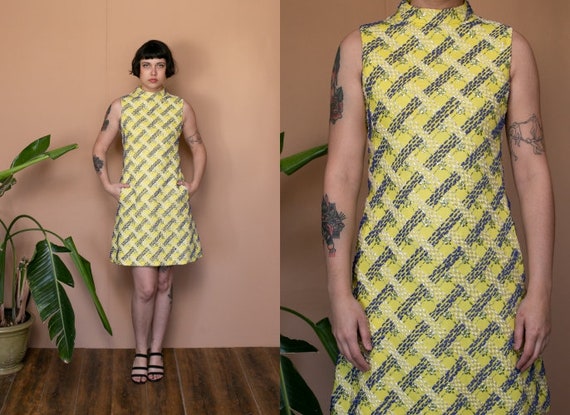 60s Woven Mod Mini Dress Yellow Blue Glam Glitter Metallic Weave High Collar Mock Turtleneck Dress Pocket Dress NYE Holiday Dress Etsy Canada