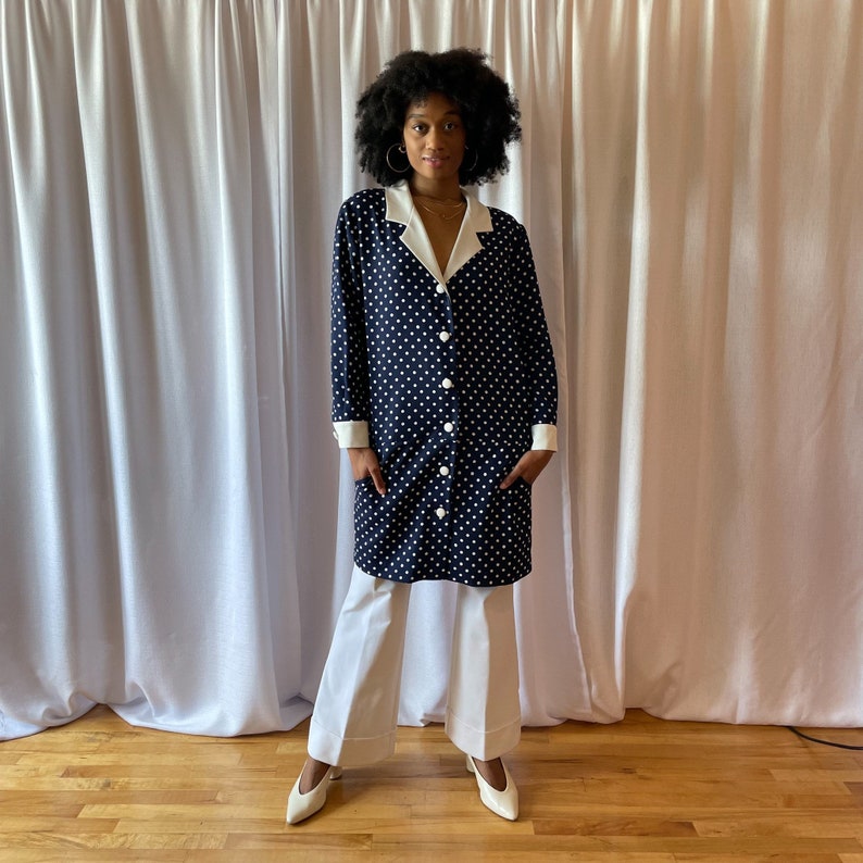 80s Dress Navy White Polka Dot Jacket Style Dress Dramatic Collar Long Sleeve Cuff Large White Buttons Front Pockets image 1