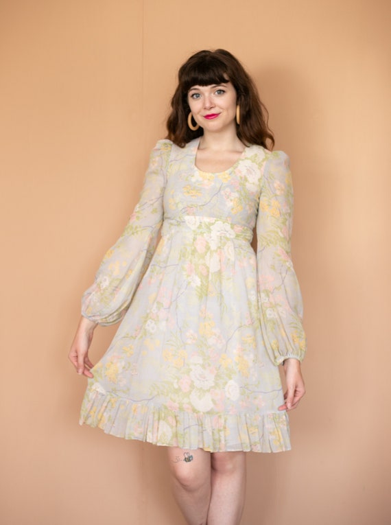 70s Pastel Floral Hippie Dress Leg of Mutton Bell… - image 6