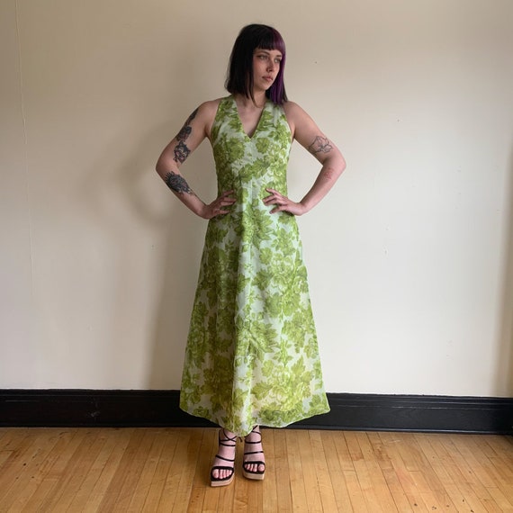 70s Maxi Dress Light Green Floral Chiffon Dress O… - image 3