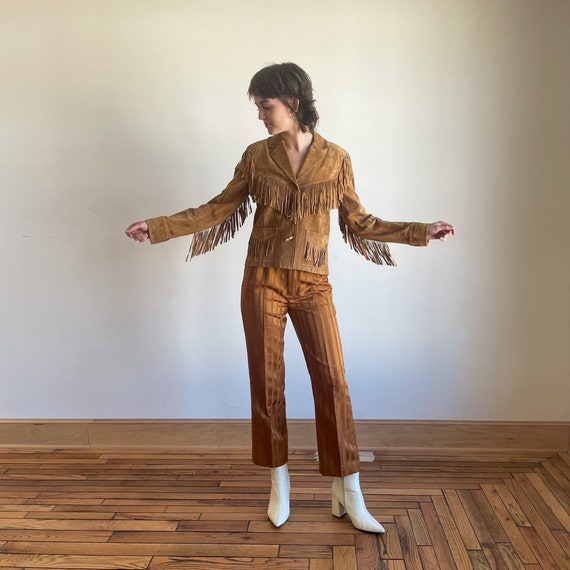 70s Brown Suede Jacket Western Fringe Coat Fall T… - image 8