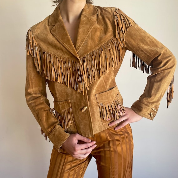 70s Brown Suede Jacket Western Fringe Coat Fall T… - image 5