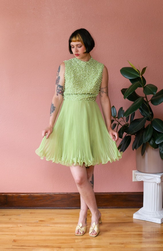 50s 60s Light Green Dress Beaded Pearl Crystal Hi… - image 1