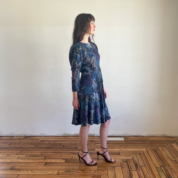 80s Dress Midi Dress Full Skirt Drop Waist Blue A… - image 9