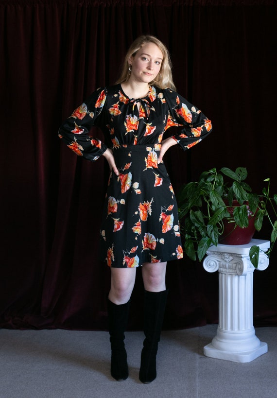 70s Tulip Floral Printed Hippie Dress Black & Ora… - image 3