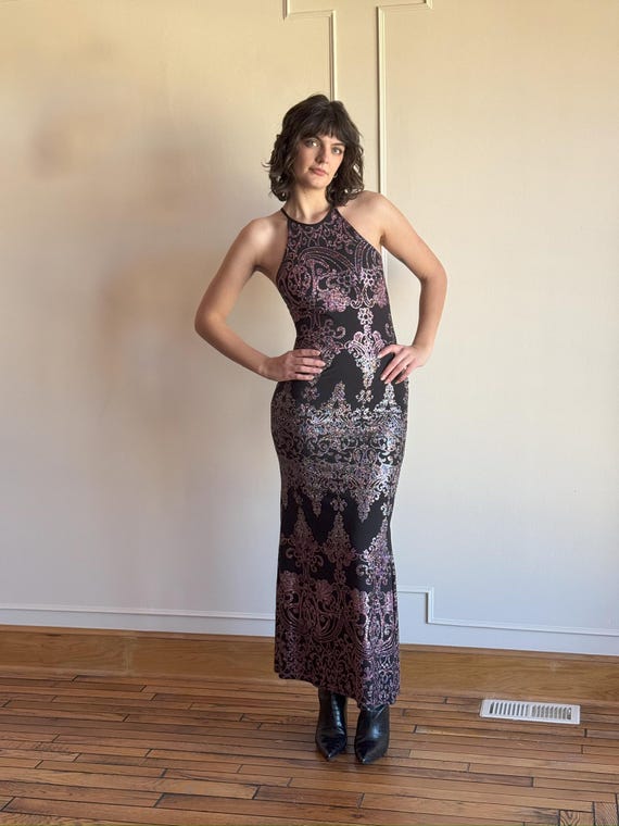 Y2k/90s Glitter Halter Maxi Dress - Sparkly Bodycon Evening Gown - M
