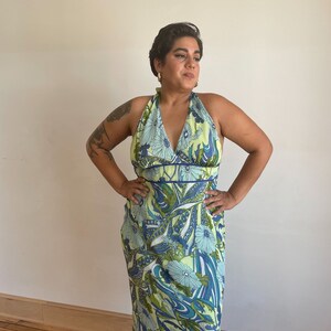 00s y2k Robe Halter Top Backless Midi Robe Vert Bleu Daisy Paisley Robe Summer Date Party Dress image 2