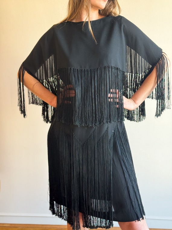 50s Black Fringe Dress Asymmetric Flapper Dress S… - image 2