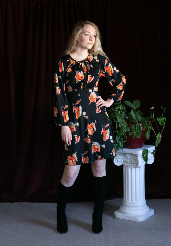 70s Tulip Floral Printed Hippie Dress Black & Ora… - image 5