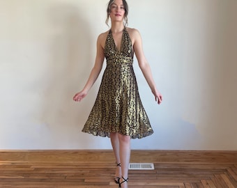 90s Dress Gold Metallic Brown Burgundy Halter Top Dress Midi Dress Abstract Polka Dot Textured Fabric Holiday Party NYE