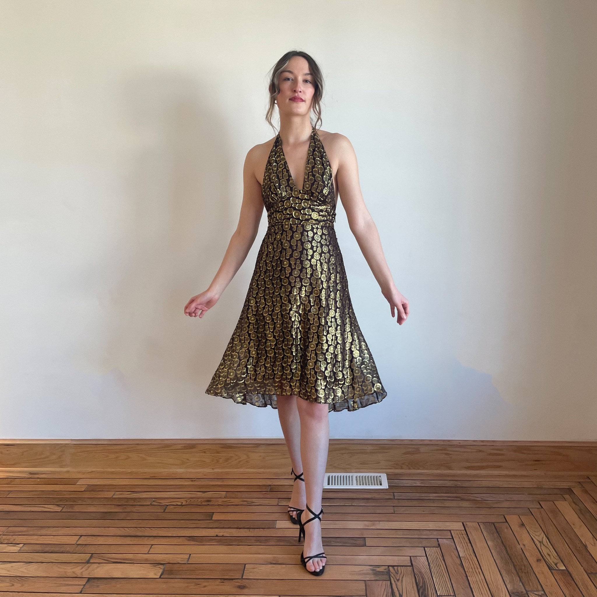 90s Dress Gold Metallic Brown Burgundy Halter Top Dress Midi Dress Abstract Polka Dot Textured Fabric Holiday Party NYE 90s Dress Gold Metallic Brown Burgundy Halter Top Dress Midi Dress Abstract Polka Dot Textured Fabric Holiday Party NYE