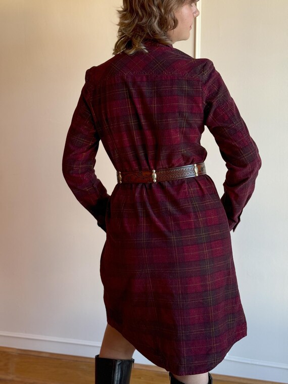 90s Corduroy Plaid Mini Dress - Burgundy Tartan Long Sleeve