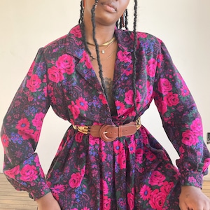 80s Floral Dress Pink Rose Jewel Tone Dress Long Sleeve Collar Dress Button Down Dress Gathered Dress Fit and Flare Strong Shoulder Pockets