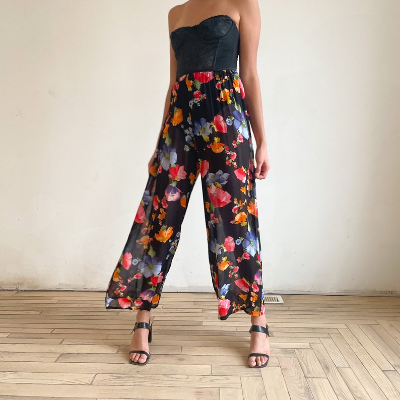 90s Sheer Floral Printed Pants High Waist Wide Leg Pants Noir Bright Flower Print Rouge Bleu Orange image 5