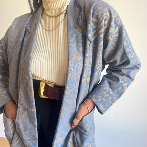 80s Blue Leopard Jacket Metallic Gold Cheetah Print Oversized Long Line Batwing Exaggerated Blazer Coat Dusty Blue image 2