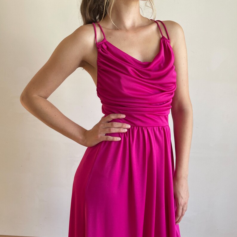 70s Dress Hot Pink Disco Dress Strappy Open Back Full Skirt Cowl Neck Gathered Cinched Waist Midi Dress image 5