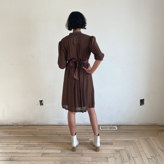 80s Dress Sheer Brown Metallic Stripe Embroidered Floral