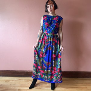 hot pink and royal blue dress 70s Maxi Floral Print Rose Cherry Paisley Colorful Occasion Dress Open Wrap Back diamond decor