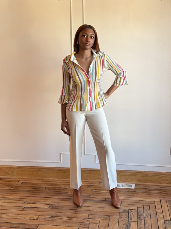 00s Pastel Rainbow Striped Top // Collared Y2K Bl… - image 6