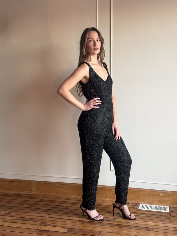 90s Lillie Rubin Sequin Jumpsuit Holiday NYE Blac… - image 4