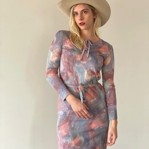 60s 70s Long Sleeve Pastel Dress Mini Dress Fitted Keyhole Peek a Boo Bust Tie Detail Waist Tie Marbled Print Painting Watercolor Printed image 2