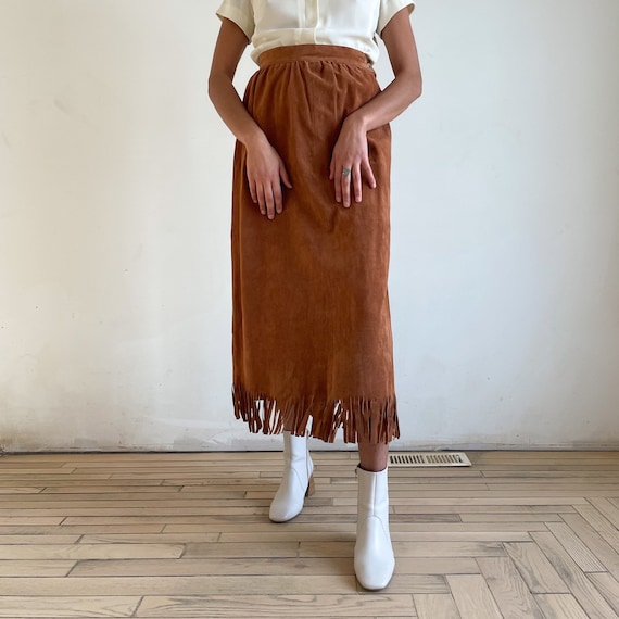 90s High Waist Skirt Suede Leather Skirt Tan Brow… - image 9