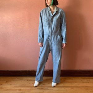 80s Coveralls Denim Long Sleeve Overall Striped Denim Oversized Work Suit Boiler Suit Cargo Pockets Unisex Light Wash Denim Garage Coverall