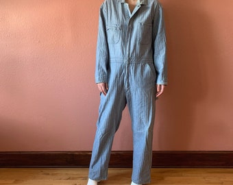 80s Coveralls Denim Long Sleeve Overall Striped Denim Oversized Work Suit Boiler Suit Cargo Pockets Unisex Light Wash Denim Garage Coverall