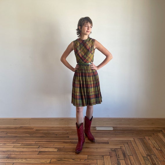 60s Fall Plaid Dress Full Skirt Fit and Flare Hig… - image 4