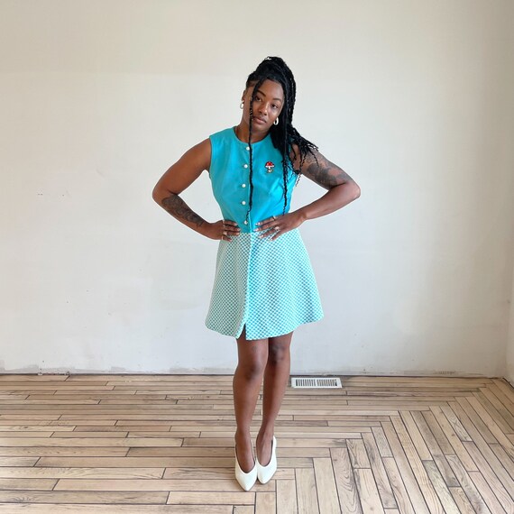 60s Dress Mod Mini Dress Bright Blue Polka Dot Mu… - image 6