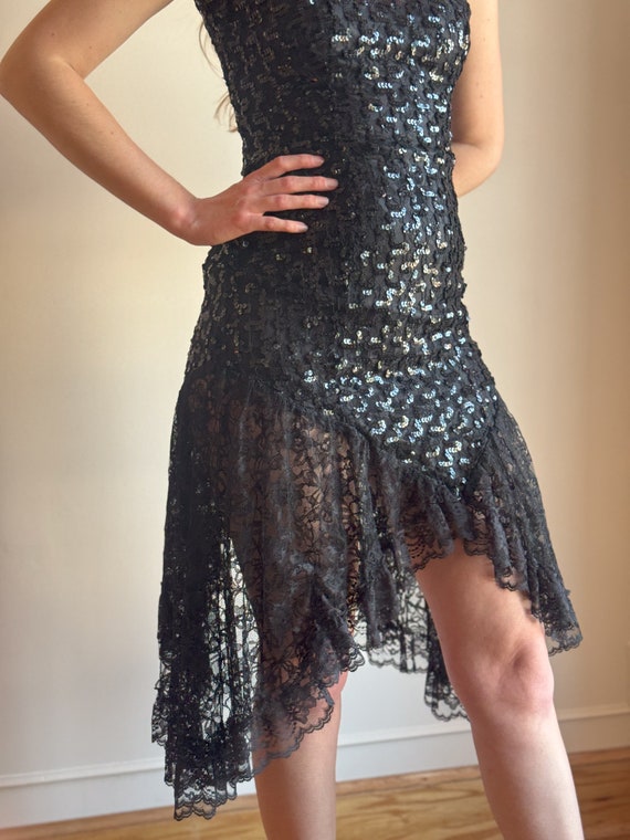 80s Black Sequin Mini Dress Lace High Low Hemline… - image 5