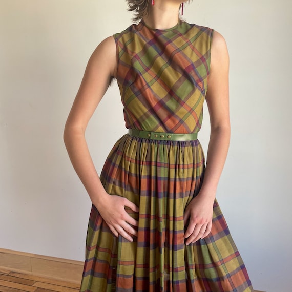 60s Fall Plaid Dress Full Skirt Fit and Flare Hig… - image 5