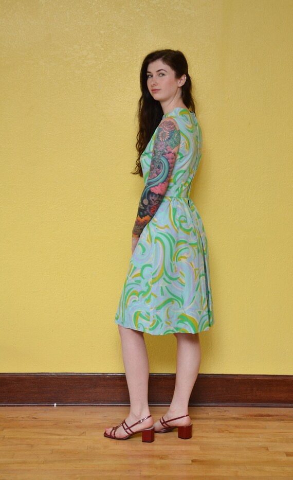 60s Pastel Swirl Print Mod Mini Dress Blue Green … - image 8