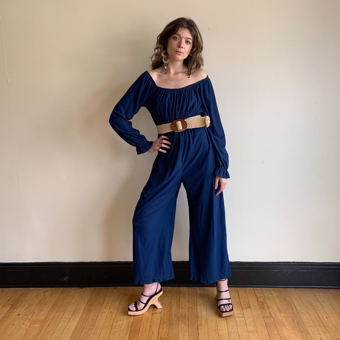 Vintage 70s Dark Blue Polyester ANTHONY RICHARDS Long Sleeve Drop Down Back Jumpsuit - 8