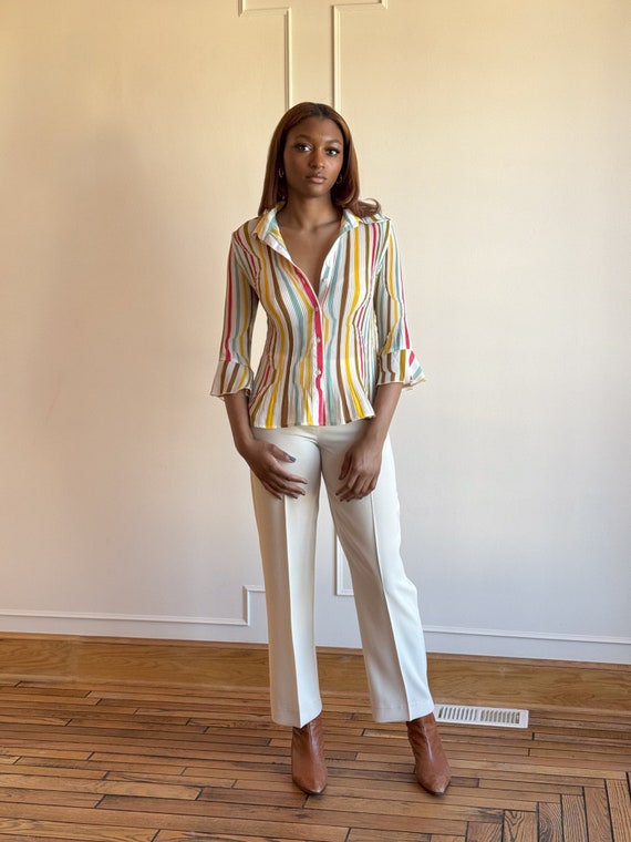 00s Pastel Rainbow Striped Top // Collared Y2K Bl… - image 2