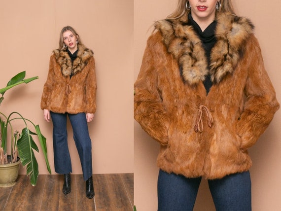 50s 60s Red Fox Fur Coat Fur collar Drawstring Coa