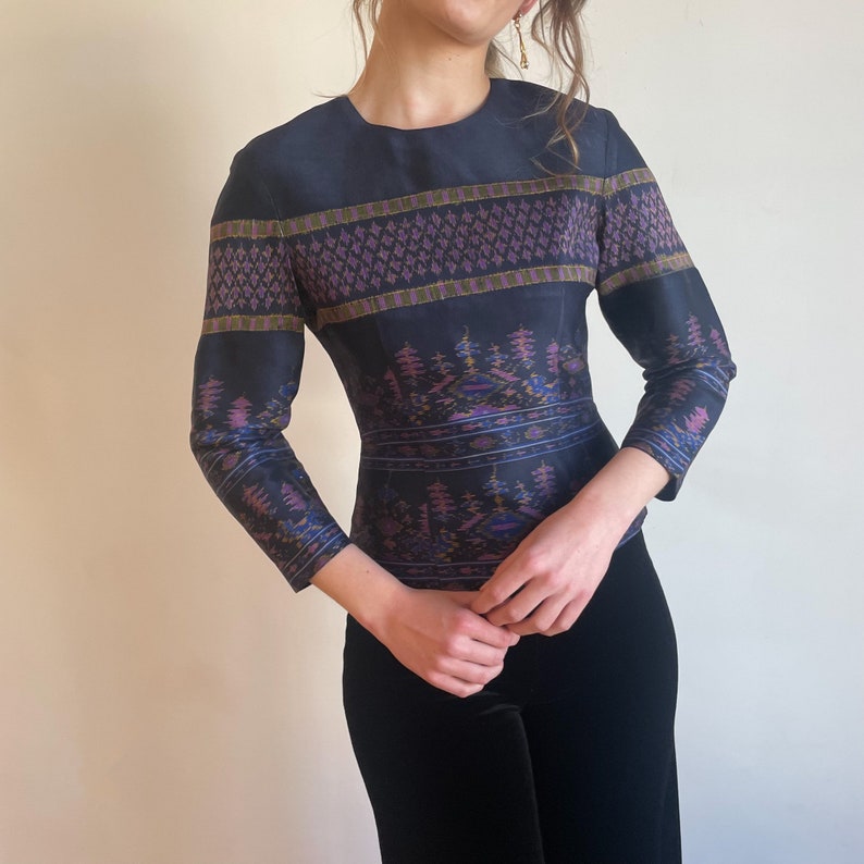 90s Blouse Tailored Long Sleeve Top Abstract Pattern Green Purple Navy Winter Top Holiday NYE image 7