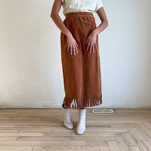 90s High Waist Skirt Suede Leather Skirt Tan Brown Suede Fringe Midi Maxi Skirt Fitted Western Skirt