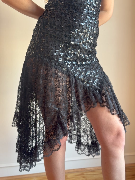 80s Black Sequin Mini Dress Lace High Low Hemline… - image 1