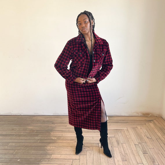 red plaid skirt and jacket