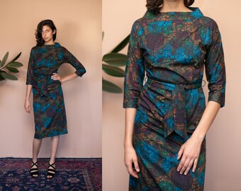 40s Tie Dye Boat Neck Party Dress Belted Blue Brown Baroque Printed 3/4 Sleeve Cotton Wiggle Dress Jackie O Knee Length Occasion Dress