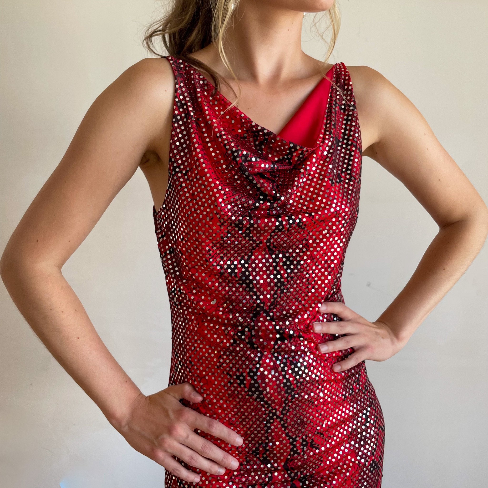 red snakeskin dress 90s Snakeskin Sequin Mini Dress – Red & Black Cowl Neck Party Dress
