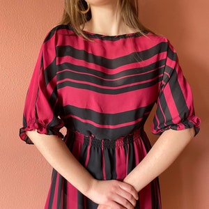 70s 80s Boat Neck Semi Sheer Dress Secretary Dress Maroon Black Colorblock Striped Dress Dolman Sleeve Slip Dress Silky Dress