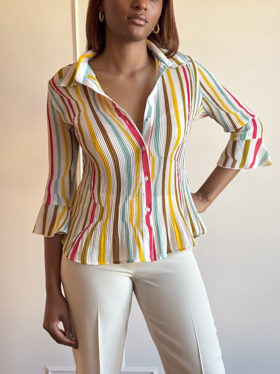 00s Pastel Rainbow Striped Top // Collared Y2K Bl… - image 1