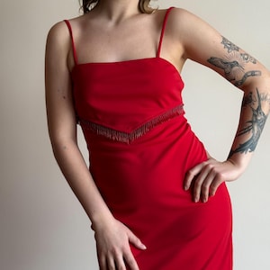 90s Just Choon Red Mini Strappy Bodycon Dress with Beaded Flapper Fringe Cutout Backless Party Dress