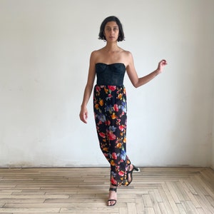 90s Sheer Floral Printed Pants High Waist Wide Leg Pants Black Bright Flower Print Red Blue Orange image 4